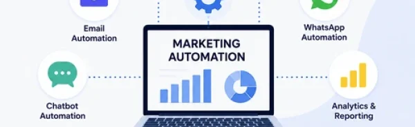 Modern illustration showing a laptop with marketing automation dashboard, email automation, WhatsApp automation, chatbot, analytics, workflow automation, and audience segmentation icons.