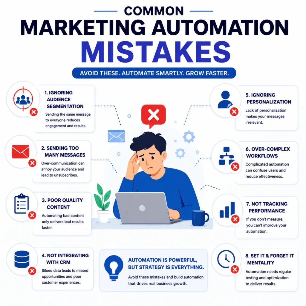 Illustration of a marketing professional facing automation challenges with icons representing email automation, CRM, workflow automation, analytics, and personalization mistakes.
