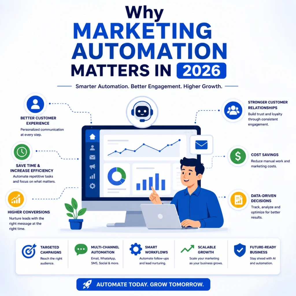 Modern illustration of a marketing professional using an AI-powered automation dashboard with analytics, chatbot, email marketing, and business growth icons.