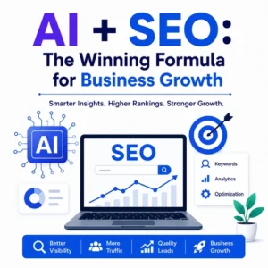 Modern illustration of AI and SEO working together with a laptop displaying SEO analytics, AI chip, search optimization dashboard, and business growth icons.