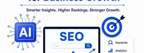 Modern illustration of AI and SEO working together with a laptop displaying SEO analytics, AI chip, search optimization dashboard, and business growth icons.