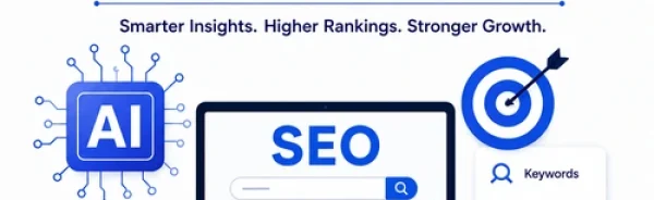 Modern illustration of AI and SEO working together with a laptop displaying SEO analytics, AI chip, search optimization dashboard, and business growth icons.