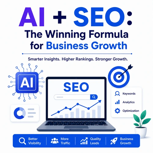 Modern illustration of AI and SEO working together with a laptop displaying SEO analytics, AI chip, search optimization dashboard, and business growth icons.