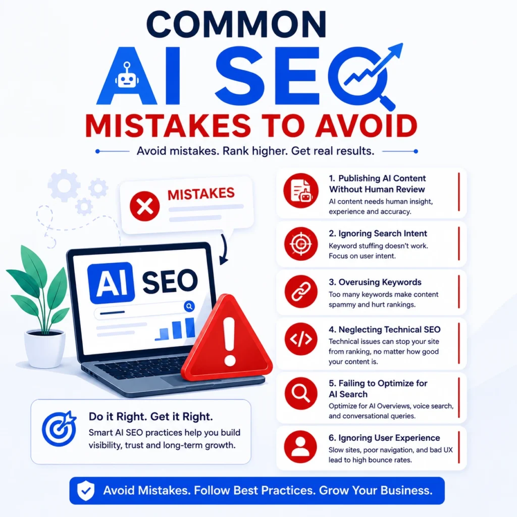 Modern illustration showing common AI SEO mistakes with an AI SEO dashboard, warning icon, technical SEO checklist, and optimization tips.