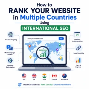 Modern illustration showing international SEO strategy with a world map, laptop, country targeting, hreflang implementation, multilingual content, local backlinks, and global website ranking.