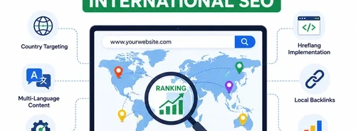 Modern illustration showing international SEO strategy with a world map, laptop, country targeting, hreflang implementation, multilingual content, local backlinks, and global website ranking.