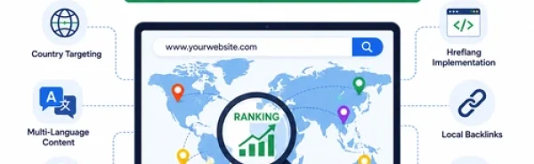 Modern illustration showing international SEO strategy with a world map, laptop, country targeting, hreflang implementation, multilingual content, local backlinks, and global website ranking.