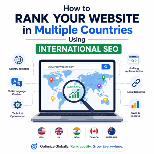 Modern illustration showing international SEO strategy with a world map, laptop, country targeting, hreflang implementation, multilingual content, local backlinks, and global website ranking.