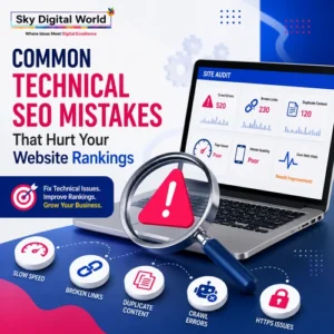 Professional Technical SEO infographic showing common website SEO mistakes including slow website speed, broken links, duplicate content, crawl errors, HTTPS issues, and Core Web Vitals affecting Google rankings.