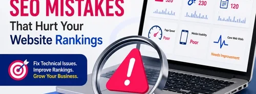 Professional Technical SEO infographic showing common website SEO mistakes including slow website speed, broken links, duplicate content, crawl errors, HTTPS issues, and Core Web Vitals affecting Google rankings.