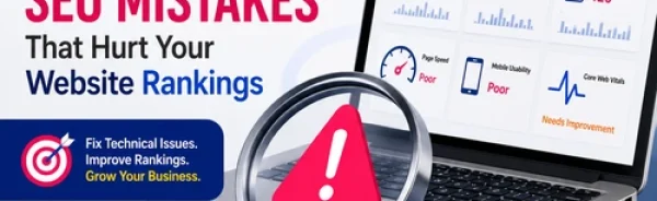 Professional Technical SEO infographic showing common website SEO mistakes including slow website speed, broken links, duplicate content, crawl errors, HTTPS issues, and Core Web Vitals affecting Google rankings.