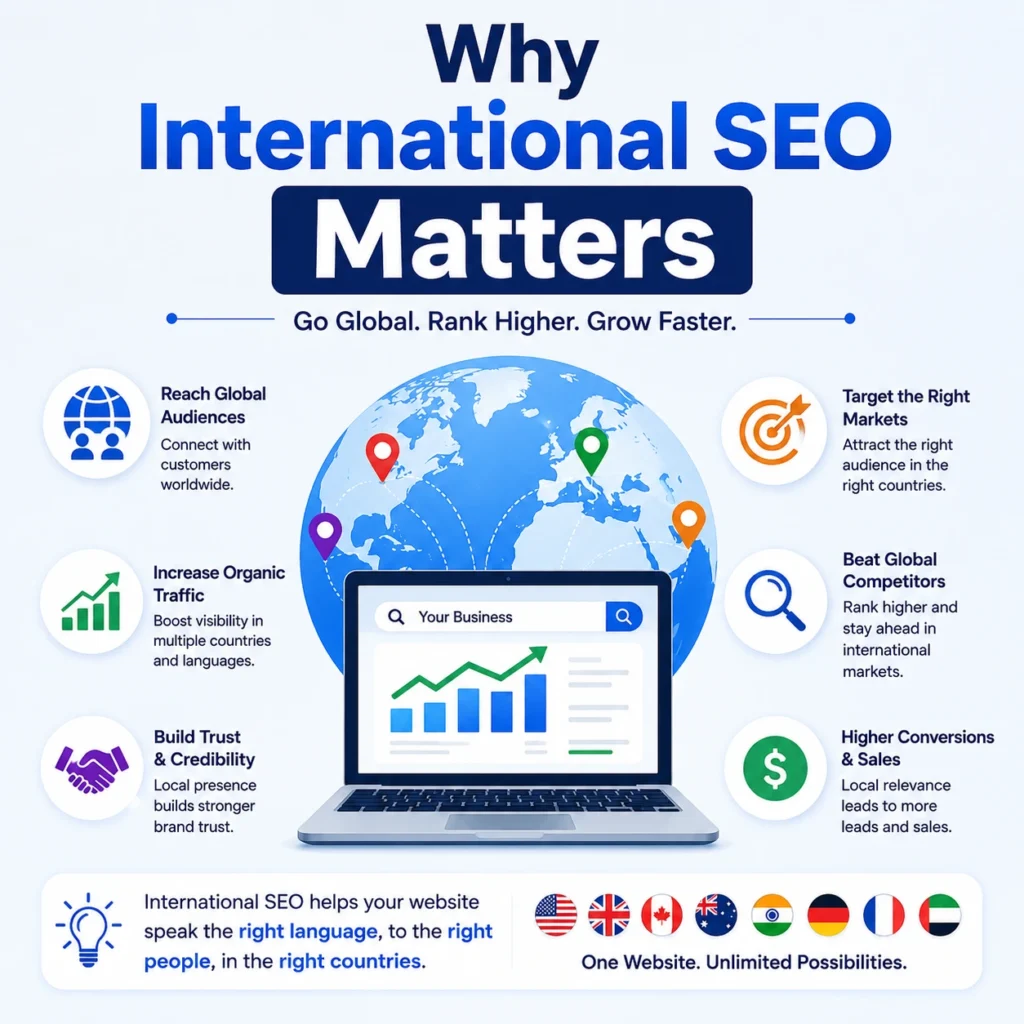 Modern illustration of international SEO strategy with a global map, laptop dashboard, worldwide audience targeting, and business growth icons.
