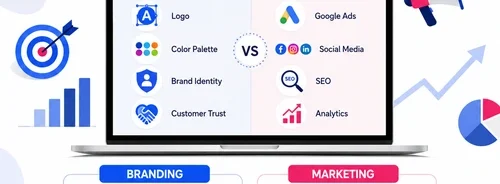 Modern infographic comparing branding and marketing with a laptop dashboard, branding icons, digital marketing tools, and business growth illustration.