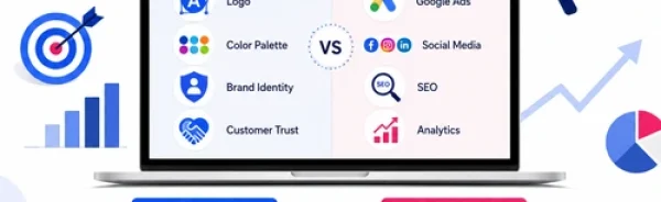 Modern infographic comparing branding and marketing with a laptop dashboard, branding icons, digital marketing tools, and business growth illustration.