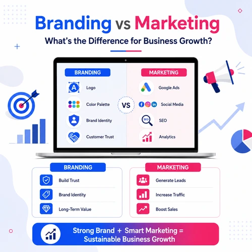 Modern infographic comparing branding and marketing with a laptop dashboard, branding icons, digital marketing tools, and business growth illustration.