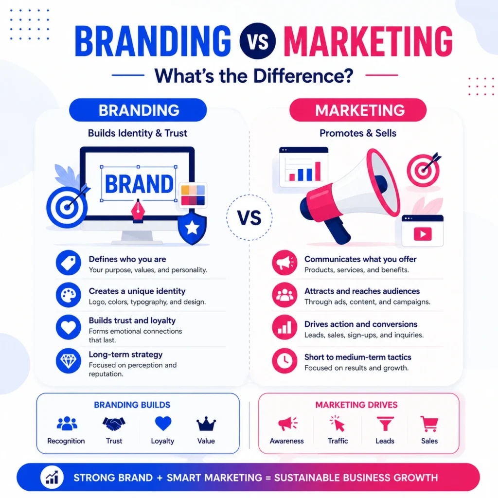 Professional infographic comparing branding and marketing, highlighting brand identity, customer trust, lead generation, SEO, and business growth strategies.