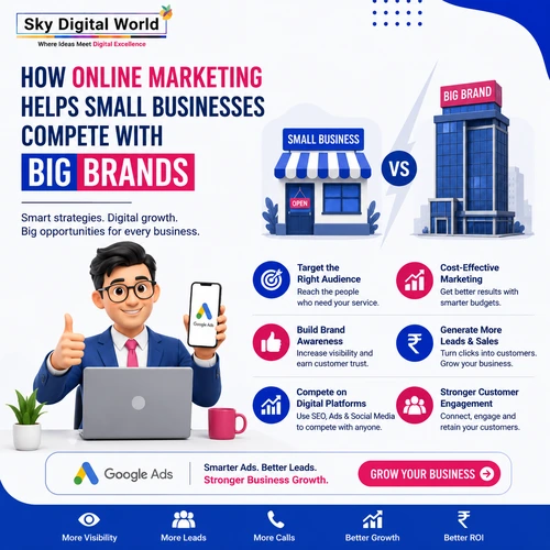 Modern digital marketing infographic showing how online marketing helps small businesses compete with big brands using SEO, Google Ads, branding, and social media marketing.