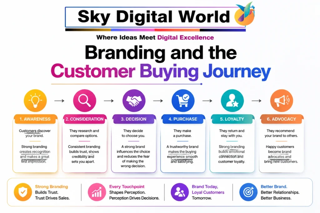 Branding and customer buying journey showing how brand awareness, trust, purchase decisions, loyalty and advocacy influence customers.