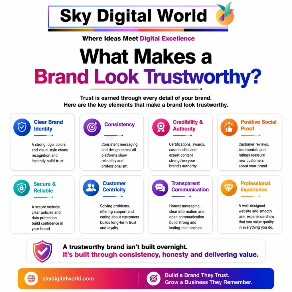 What makes a brand look trustworthy through clear identity, consistency, credibility, social proof and professional branding.