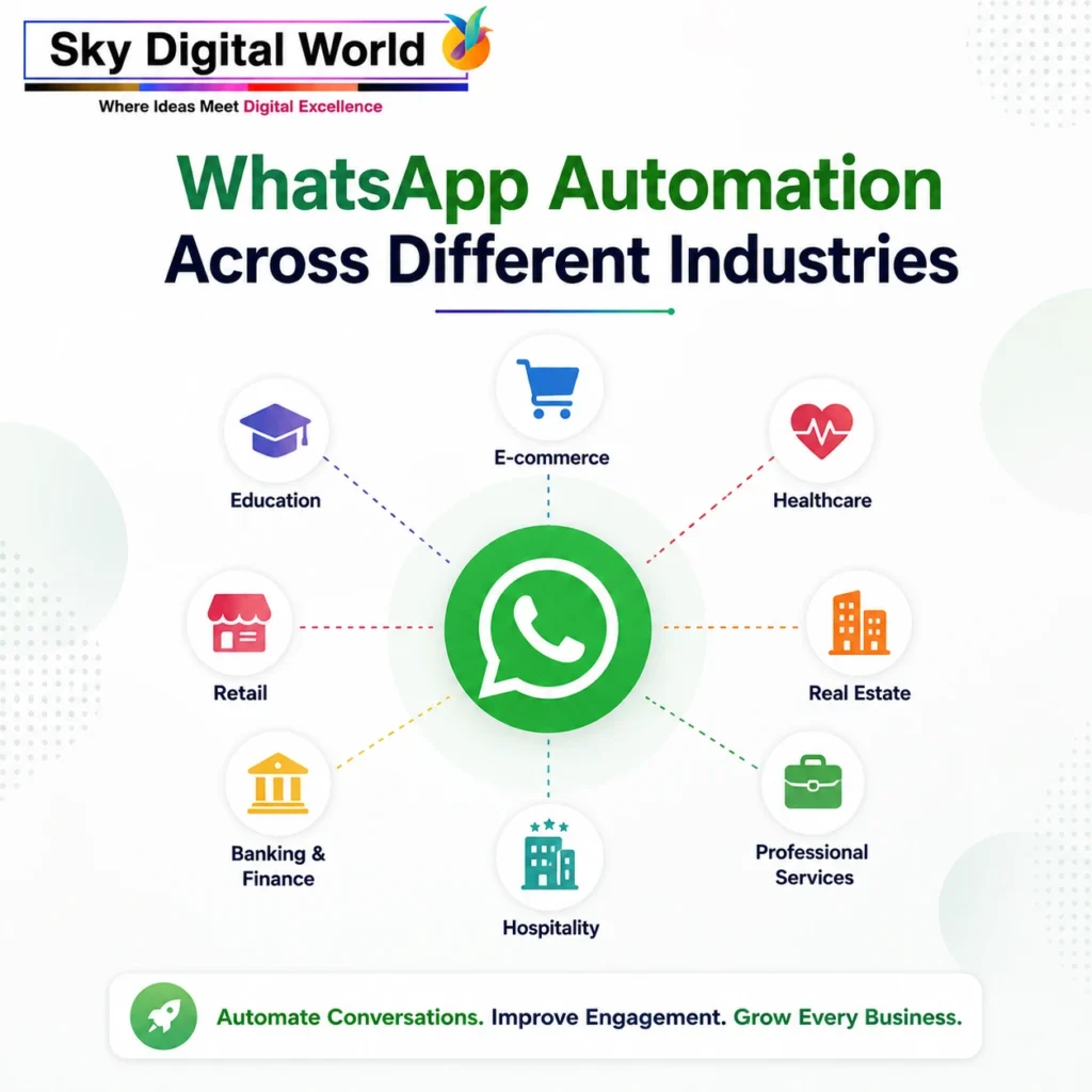 WhatsApp automation across different industries including e-commerce, healthcare, real estate, education, retail and professional services.