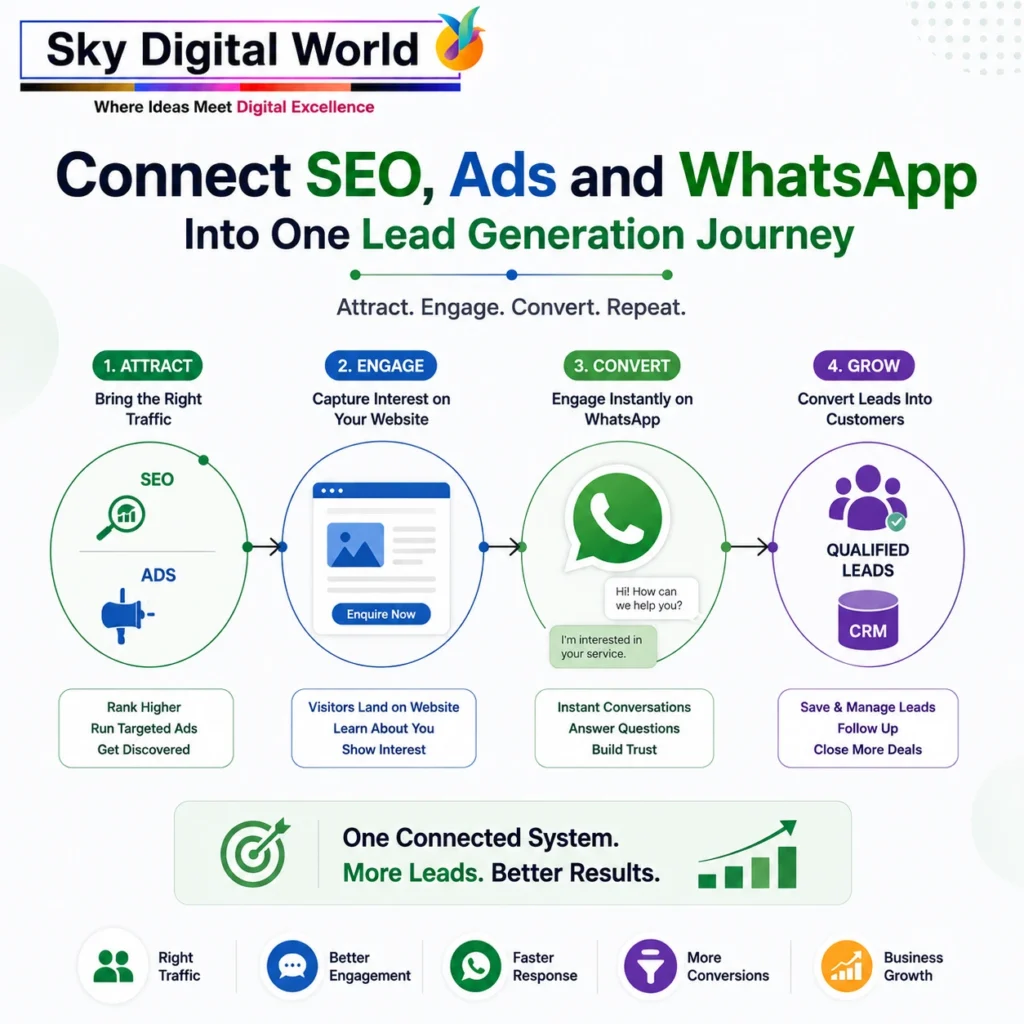 SEO, paid ads and WhatsApp automation connected into one lead generation journey for attracting, engaging and converting customers.