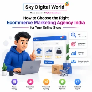 Professional ecommerce marketing illustration showing an online store, SEO, targeted ads, sales growth, and customer retention for choosing the right Ecommerce Marketing Agency India.