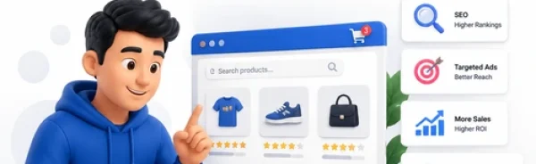 Professional ecommerce marketing illustration showing an online store, SEO, targeted ads, sales growth, and customer retention for choosing the right Ecommerce Marketing Agency India.