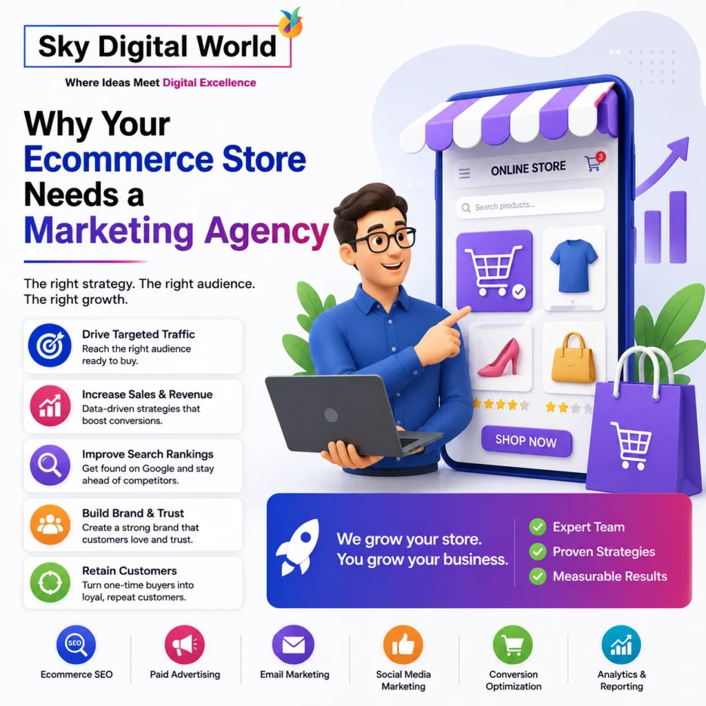 Professional ecommerce marketing illustration showing an online store, SEO optimization, paid advertising, customer retention, and sales growth with an Ecommerce Marketing Agency India.
