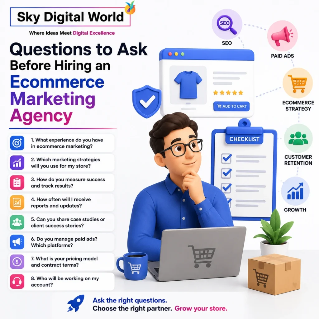 Professional ecommerce marketing checklist illustration showing important questions to ask before hiring an Ecommerce Marketing Agency India for online store growth.