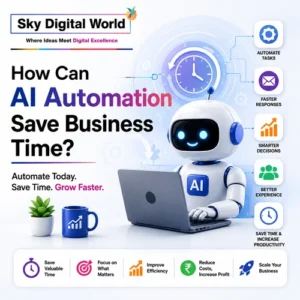 AI automation illustration showing a smart AI assistant helping businesses automate tasks, improve productivity, and save time with AI Marketing Agency India solutions.