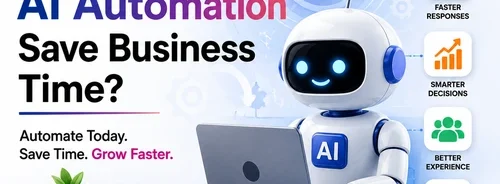 AI automation illustration showing a smart AI assistant helping businesses automate tasks, improve productivity, and save time with AI Marketing Agency India solutions.