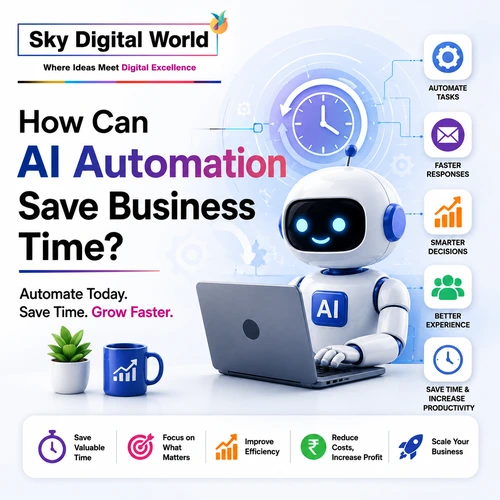 AI automation illustration showing a smart AI assistant helping businesses automate tasks, improve productivity, and save time with AI Marketing Agency India solutions.