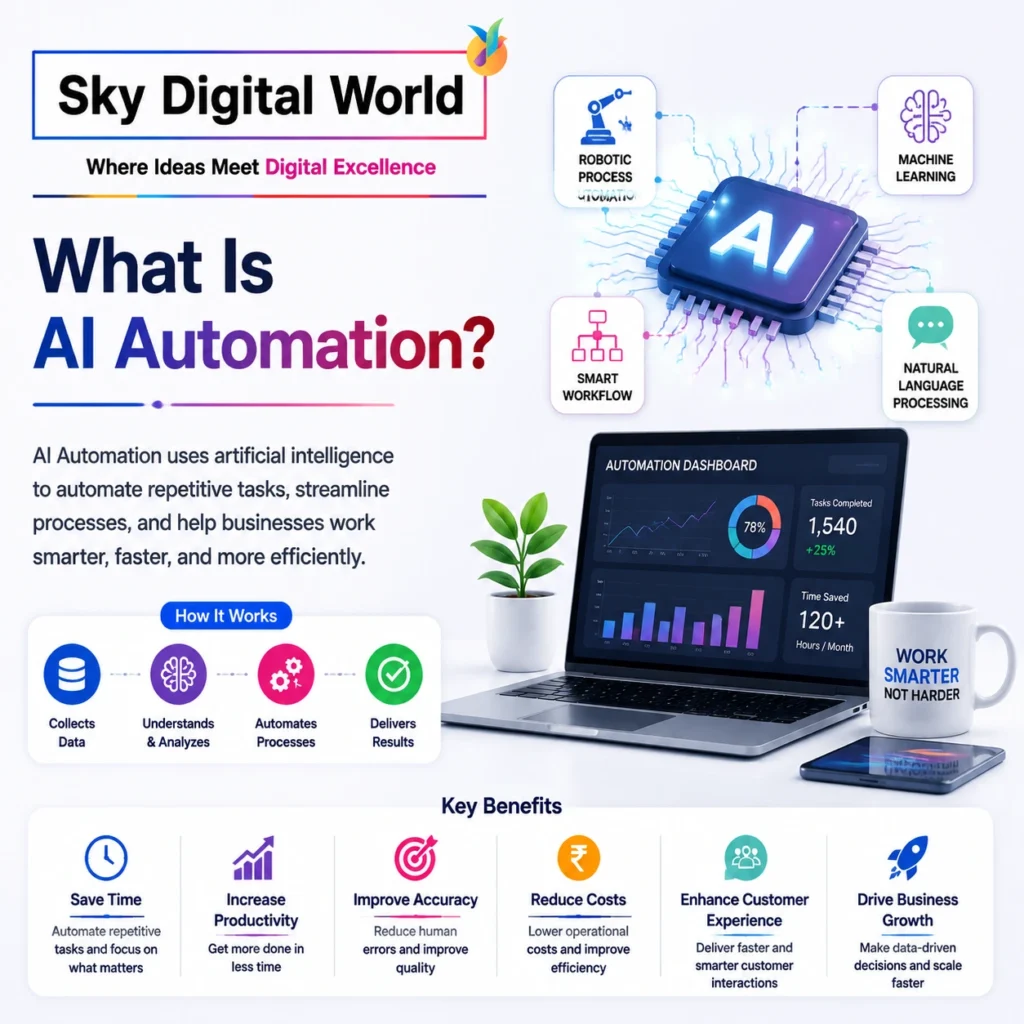 AI automation illustration showing a smart AI assistant helping businesses automate tasks, improve productivity, and save time with AI Marketing Agency India solutions.