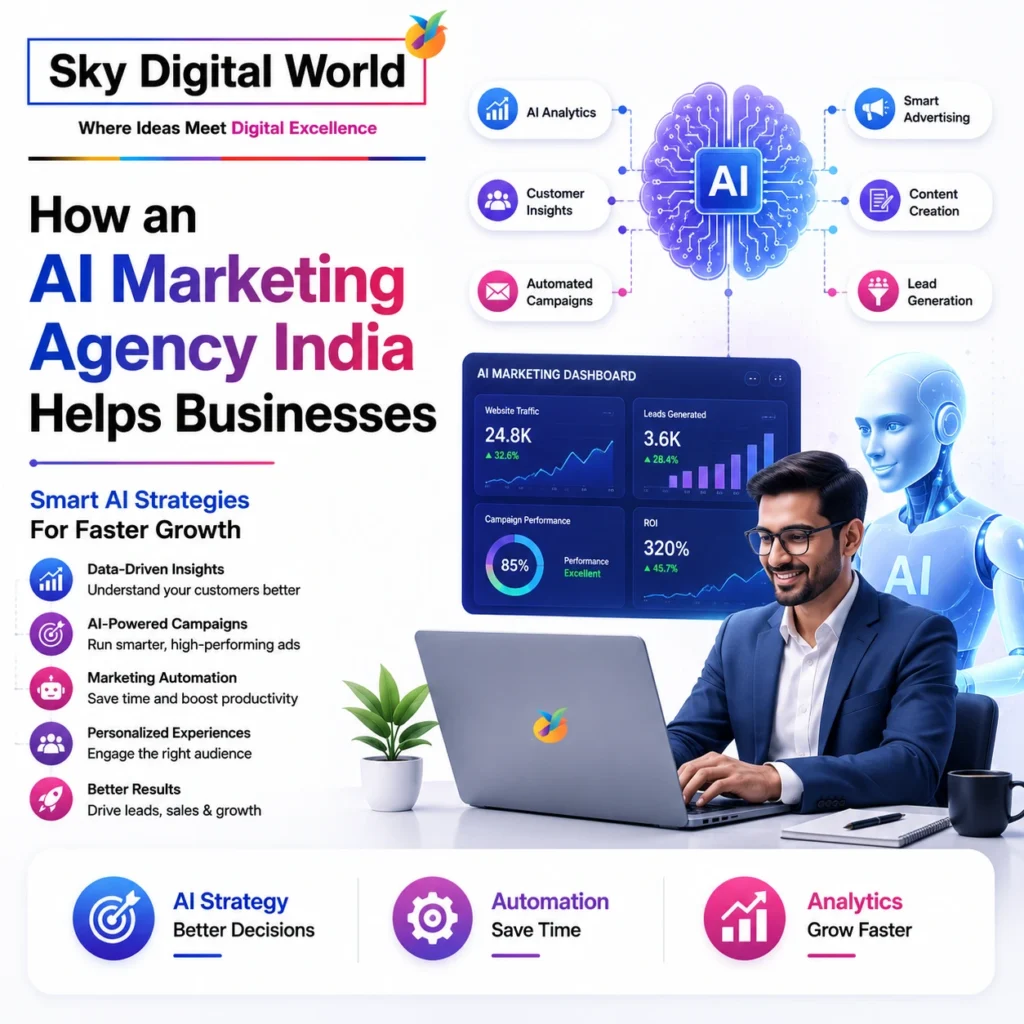AI Marketing Agency India helping businesses with AI strategy, automation, analytics, smart advertising, lead generation, and digital growth solutions.