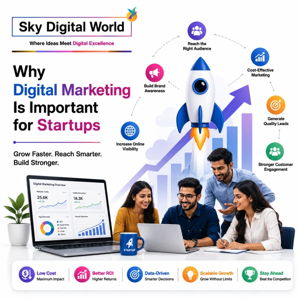 Professional illustration showing why digital marketing is important for startups, featuring business growth, brand awareness, lead generation, online visibility, and customer acquisition.