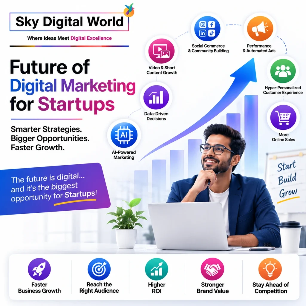 Future of digital marketing for startups featuring AI marketing, automation, analytics, social media, and business growth strategies for modern startups.