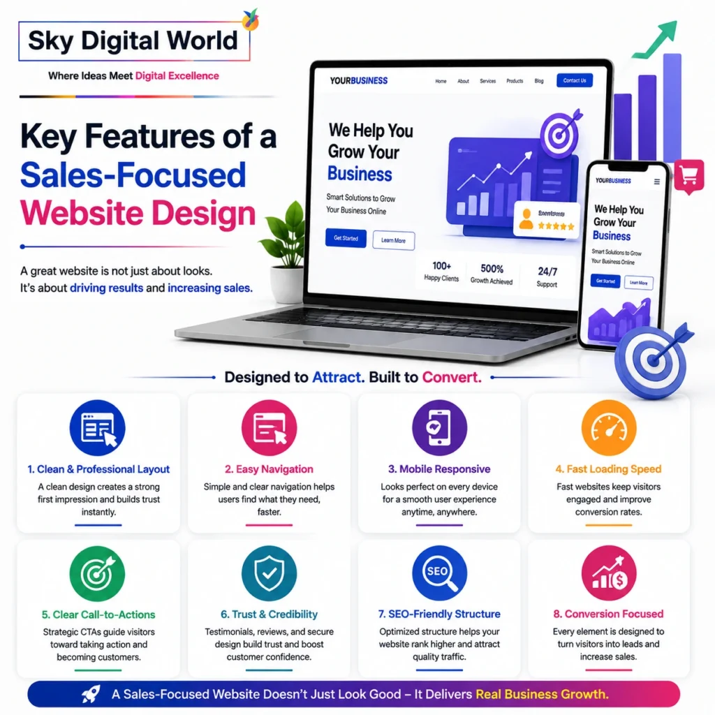 Sales-focused website design features including responsive design, fast loading speed, SEO-friendly structure, clear navigation, strong CTAs, and conversion optimization.