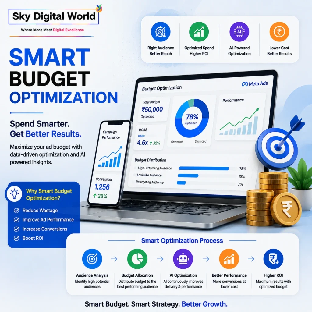 Smart budget optimization for Meta Ads campaigns showing AI-powered ad spend management, audience targeting, performance tracking, higher ROI, and better conversions.