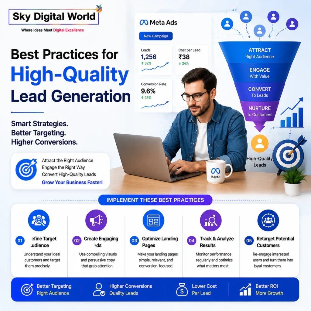 Best practices for high-quality lead generation using Meta Ads with audience targeting, engaging creatives, conversion optimization, retargeting, and performance marketing strategies.