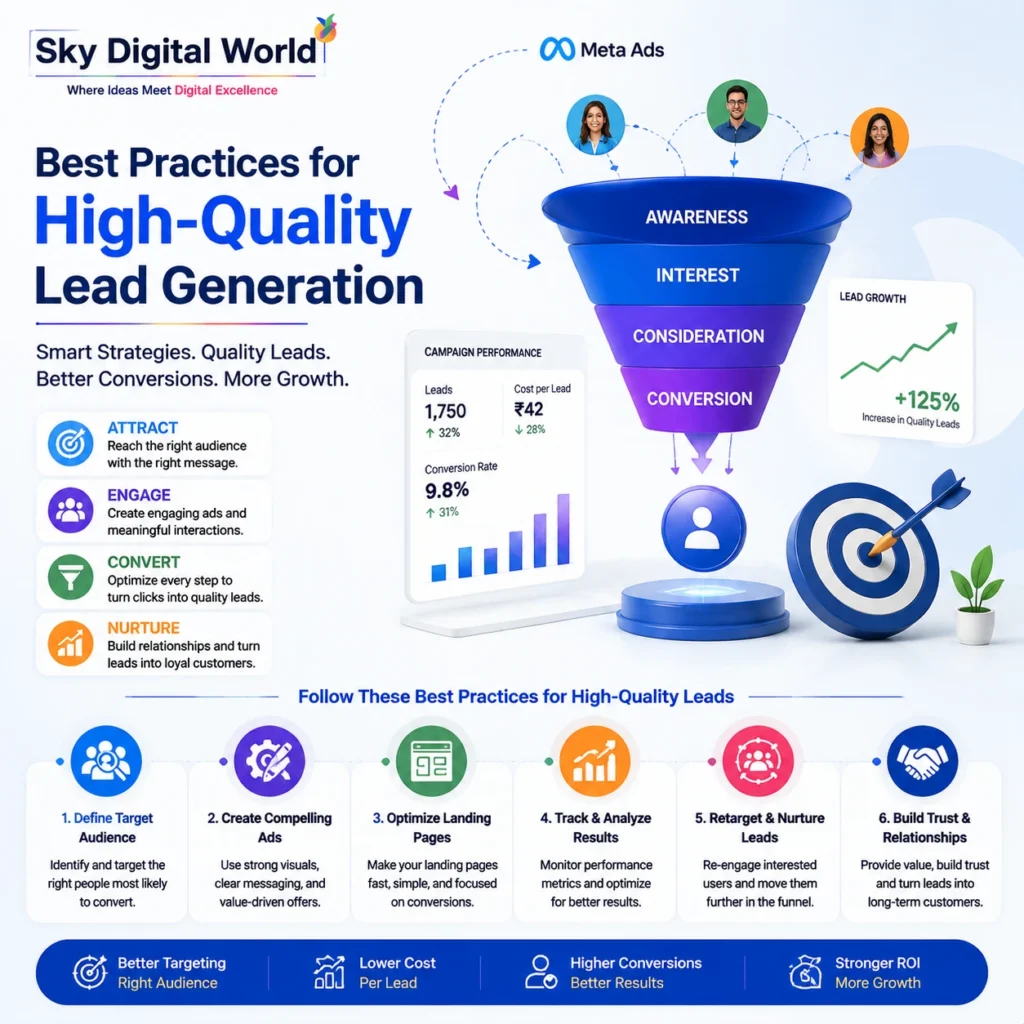 Best practices for high-quality lead generation using Meta Ads, audience targeting, conversion optimization, lead nurturing, and performance marketing strategies.