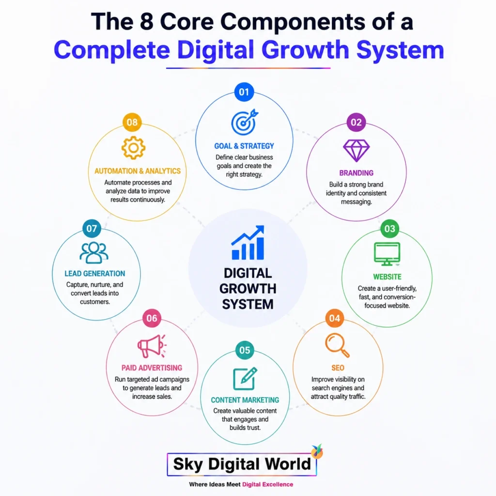 The 8 core components businesses need to create a connected digital growth system for stronger visibility, quality leads, better conversions, and sustainable growth.
