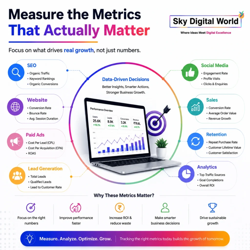 Measure important digital marketing metrics including SEO performance, website conversions, paid ads ROI, lead generation, social media engagement, sales growth, and analytics.