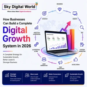 Complete digital growth system in 2026 showing SEO, branding, website, social media, paid advertising, automation, analytics, and lead generation strategy for business growth.