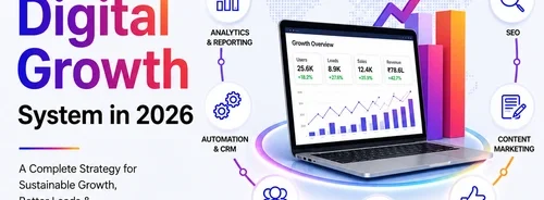 Complete digital growth system in 2026 showing SEO, branding, website, social media, paid advertising, automation, analytics, and lead generation strategy for business growth.