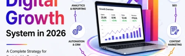 Complete digital growth system in 2026 showing SEO, branding, website, social media, paid advertising, automation, analytics, and lead generation strategy for business growth.