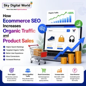 Ecommerce SEO strategy showing how search optimization increases organic traffic, product visibility, conversions, and online sales growth.