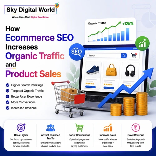 Ecommerce SEO strategy showing how search optimization increases organic traffic, product visibility, conversions, and online sales growth.