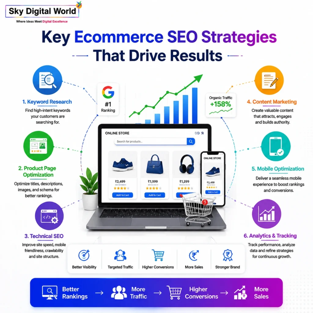 Key Ecommerce SEO strategies including keyword research, product page optimization, technical SEO, content marketing, mobile optimization, and analytics to increase rankings, traffic, conversions, and sales.