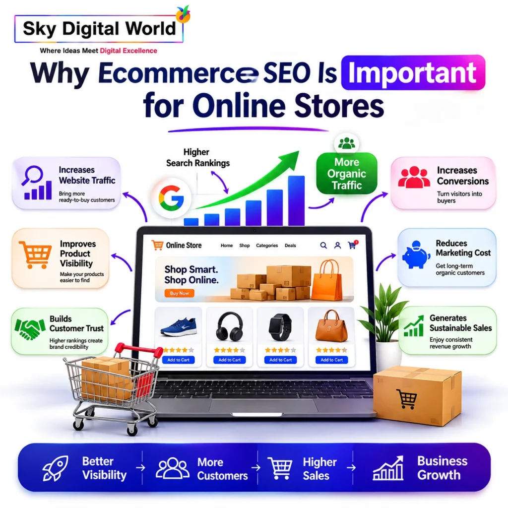 Why Ecommerce SEO is important for online stores showing higher rankings, organic traffic growth, product visibility, customer trust, conversions, and sales growth.