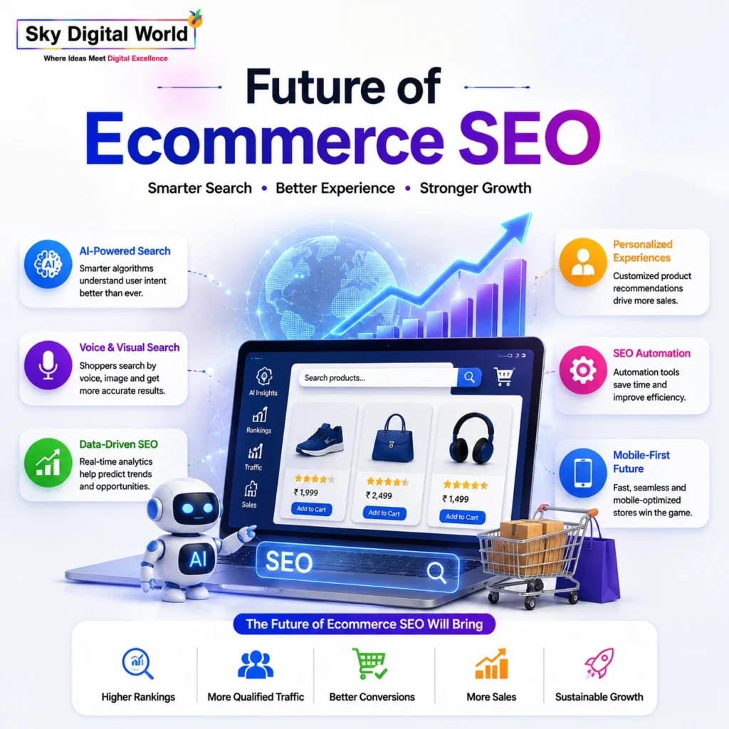 Future of Ecommerce SEO showing AI-powered search, voice and visual search, data-driven SEO, personalization, automation, mobile optimization, and ecommerce sales growth.
